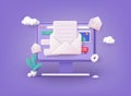 Mail service concept. Computer with open pages. 3D Royalty Free Stock Photo