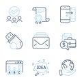 Mail, Survey results and Phone communication icons set. Idea, Flash memory and Accounting report signs. Vector