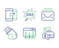 Mail, Survey results and Phone communication icons set. Idea, Flash memory and Accounting report signs. Vector