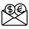 Mail transfer money icon, outline style Royalty Free Stock Photo