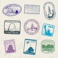 Mail travel stamps with USA city symbols