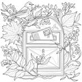 mailbox with autumn leaves and a bird.Coloring book antistress for children and adults.