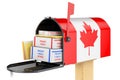 Mailbox with Canadian flag with parcels, envelopes inside. Shipping in Canada, concept. 3D rendering Royalty Free Stock Photo