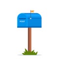 Mailbox with a closed door and raised flag. Blue post box, isolated on white background. Vector illustration Royalty Free Stock Photo