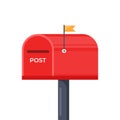 Mailbox with a closed door and raised flag. Red post box, isolated on white background. Vector illustration Royalty Free Stock Photo