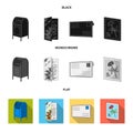 Mailbox, congratulatory card, postage stamp, envelope.Mail and postman set collection icons in black, flat, monochrome