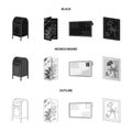 Mailbox, congratulatory card, postage stamp, envelope.Mail and postman set collection icons in black,monochrome,outline Royalty Free Stock Photo