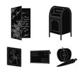 Mailbox, congratulatory card, postage stamp, envelope.Mail and postman set collection icons in black style vector symbol