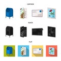 Mailbox, congratulatory card, postage stamp, envelope.Mail and postman set collection icons in cartoon,black,flat style