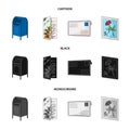 Mailbox, congratulatory card, postage stamp, envelope.Mail and postman set collection icons in cartoon,black,monochrome