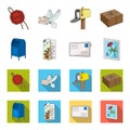 Mailbox, congratulatory card, postage stamp, envelope.Mail and postman set collection icons in cartoon,flat style vector