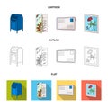 Mailbox, congratulatory card, postage stamp, envelope.Mail and postman set collection icons in cartoon,outline,flat