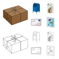 Mailbox, congratulatory card, postage stamp, envelope.Mail and postman set collection icons in cartoon,outline style