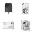 Mailbox, congratulatory card, postage stamp, envelope.Mail and postman set collection icons in monochrome style vector Royalty Free Stock Photo