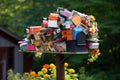 A mailbox is covered in a multitude of colorful mail, creating a visually captivating sight, A traditional mailbox overflowing