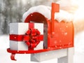 Mailbox and gift of Santa Claus with bow and ribbons. Gift for Christmas