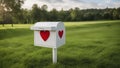 mailbox on the grass donation box with a red heart shaped slot on it. The box is white and wooden,