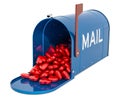 Mailbox with heap of red hearts. Valentine cards concept, 3D rendering