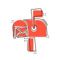 Mailbox icon in comic style. Postbox cartoon vector illustration on white isolated background. Email envelope splash effect