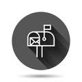 Mailbox icon in flat style. Postbox vector illustration on black round background with long shadow effect. Email envelope circle