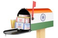 Mailbox with Indian flag with parcels, envelopes inside. Shipping in India, concept. 3D rendering Royalty Free Stock Photo