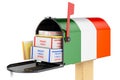 Mailbox with Irish flag with parcels, envelopes inside. Shipping in Ireland, concept. 3D rendering Royalty Free Stock Photo