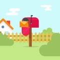 Mailbox With Letter Envelope And House Landscape Vector Illustration