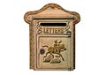 Mailbox Letterbox. Beautiful vintage mailbox on a white isolated background. Iron Mailbox depicting with the image of a postman Royalty Free Stock Photo