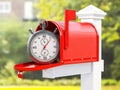 Mailbox with letters and stopwatch. Express fast delivery concept