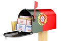 Mailbox with Portuguese flag with parcels, envelopes inside. Shipping in Portugal, concept. 3D rendering Royalty Free Stock Photo