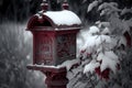 a mailbox with red holiday decorations in the winter months