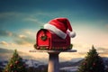 A mailbox with a Santa hat perched on top, symbolizing the holiday season and the anticipation of receiving packages and greetings