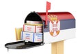 Mailbox with Serbian flag with parcels, envelopes inside. Shipping in Serbia, concept. 3D rendering Royalty Free Stock Photo