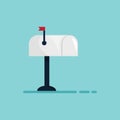 Mailbox with the small red flag. Isolated on the blue background. Flat design. Illustration Royalty Free Stock Photo