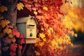 a mailbox surrounded by autumn foliage and colorful leaves