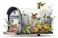 mailbox surrounded by blooming flowers and butterflies