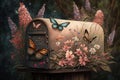 mailbox surrounded by blooming flowers and butterflies