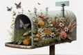 mailbox surrounded by blooming flowers and butterflies