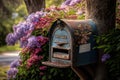 mailbox surrounded by blooming flowers and greenery