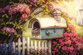 mailbox, surrounded by blooming flowers in the springtime