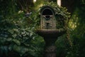 a mailbox surrounded by lush greenery and a birdbath