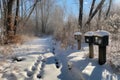 mailbox surrounded by paw prints, squirrel tracks, and bird signs