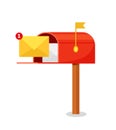 Mailbox vector illustration isolated on white, flat post office box, red mail box cartoon icon Royalty Free Stock Photo