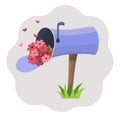 Mailbox on a wooden leg with a bouquet of pink flowers inside, in honor of Valentine`s Day