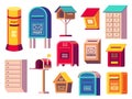 Mailboxes collection. Postbox icons for receiving letters, post container with correspondence, mail newsletter package