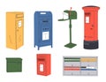 Mailboxes, Postal letterboxes set. Different postboxes, envelope with mail, pigeon, postcard. Hand