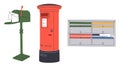Mailboxes, Postal letterboxes set. Different postboxes, envelope with mail, pigeon, postcard. Hand