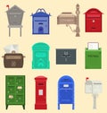Mailboxes with semaphore flag vector illustration. Traditional communication empty postage post mail box. Letter message