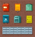 Mailboxes set. Red container for paper correspondence green boxes for receiving and sending letters numerous metal