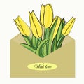 Mailing envelope with tulips. Yellow flowers in an envelope. Lettering, with love. Postcard for congratulations and